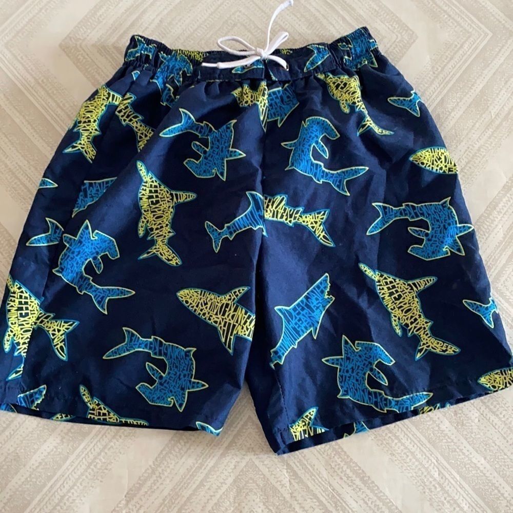 Flapdoodles Boys Navy Shark Print Bathing Suit